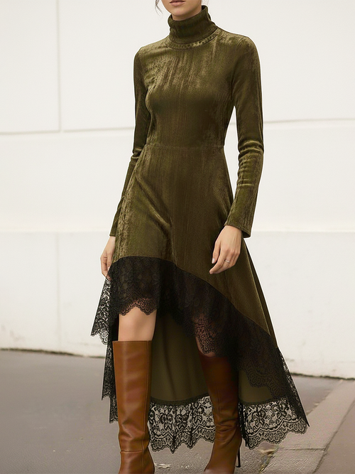 Robe en velours chic à col montant et manches longues, ornée d'un ourlet en dentelle