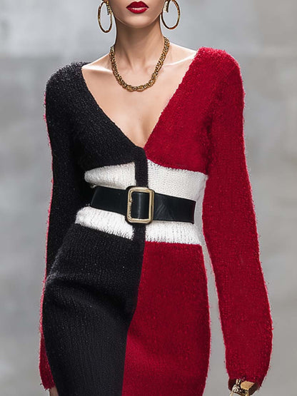 Robe Midi Tricotée à Fente - V-Cou Élégant en Blanc, Noir et Rouge Contrasté
