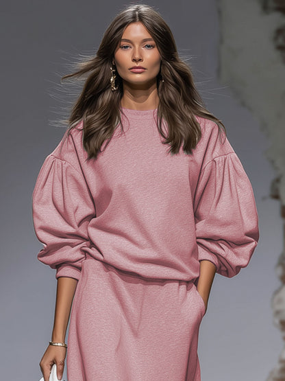 Ensemble Rétro : Sweatshirt à Col Rond et Jupe à Manches Bouffantes en Rose