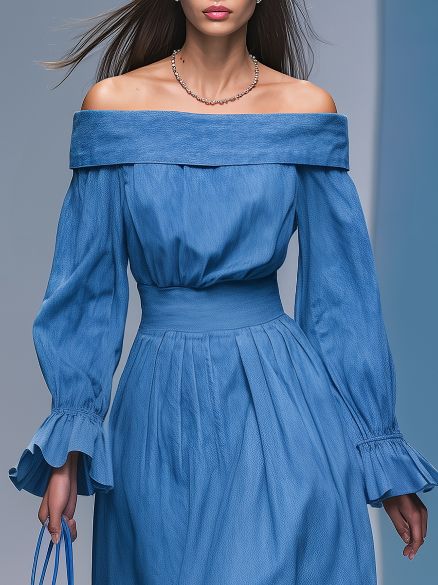Robe Maxi en Jean à Manches Longues et Épaules Dégagées - Élégance Rétro
