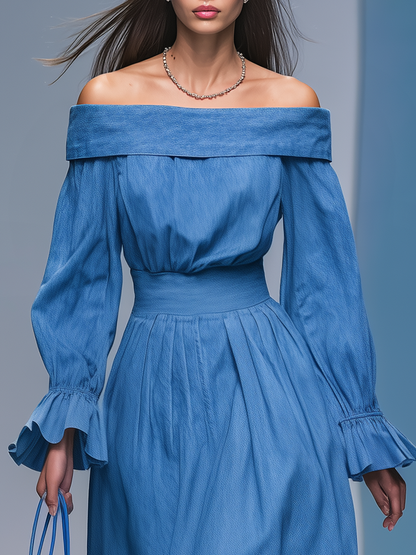 Robe Maxi Rétro en Denim à Manches Longues Dénudées