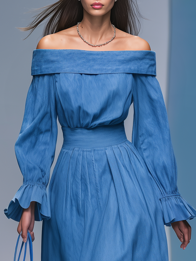 Robe Maxi en Jean à Manches Longues et Épaules Dégagées - Élégance Rétro