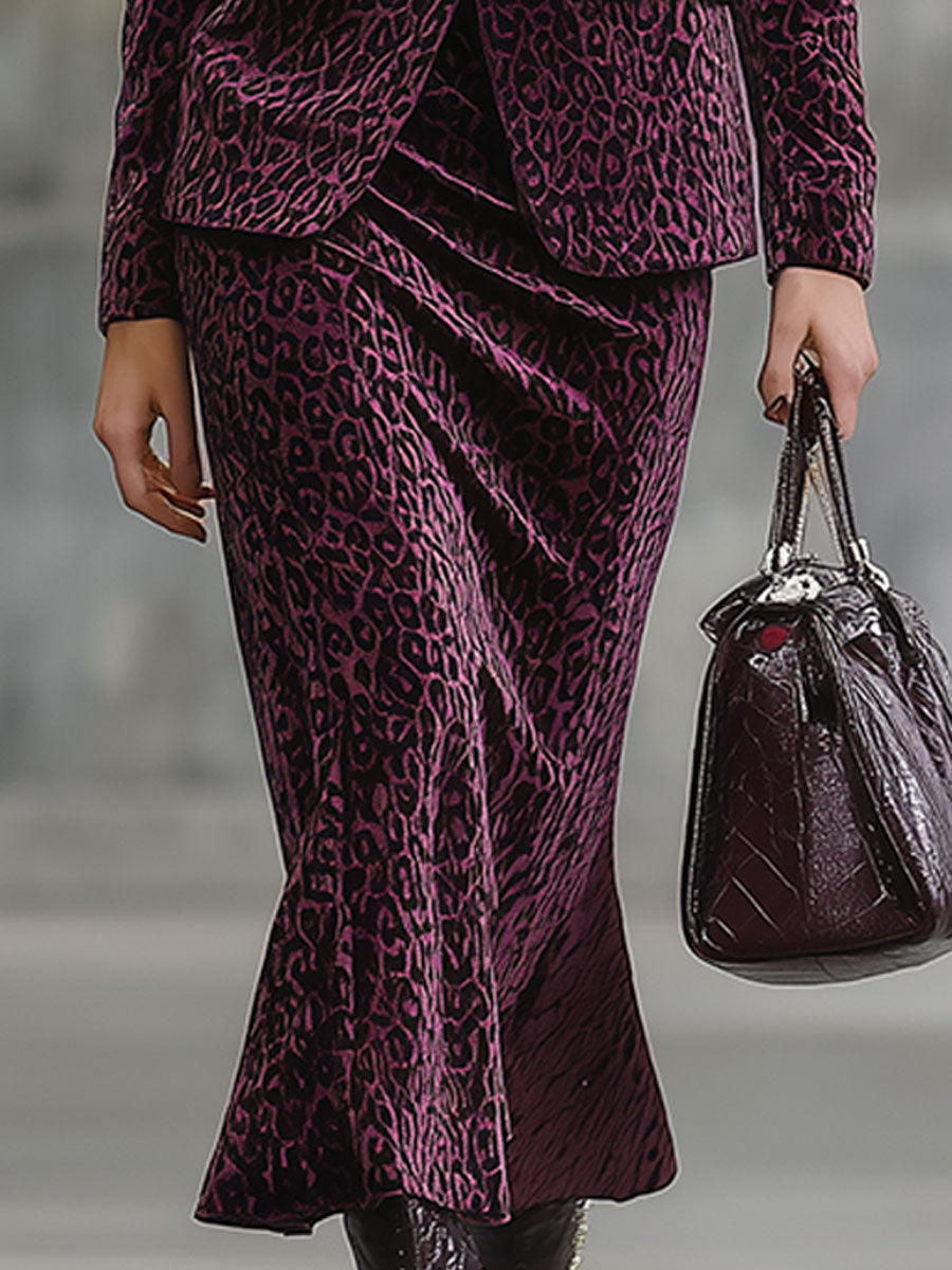 Jupe Midi en Similicuir avec Imprimé Léopard Violet Vintage et Détails en Velours