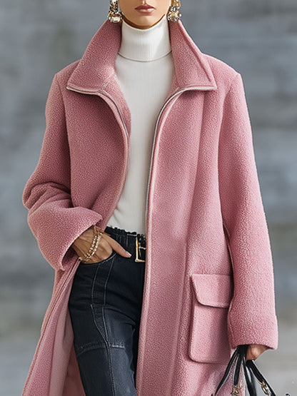 Veste Longue Zippée en Polaire Rose au Style Rétro Décontracté