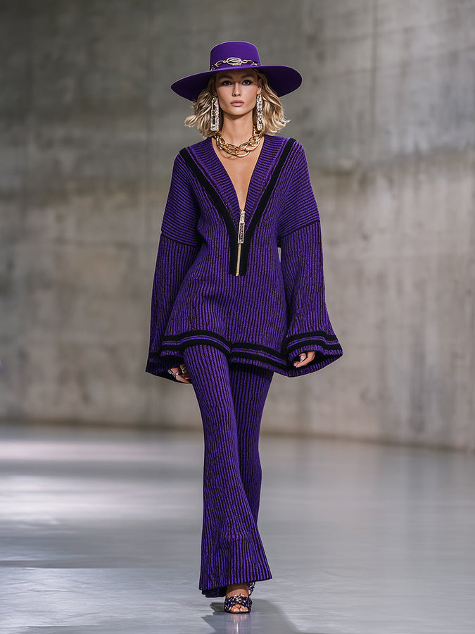 Chic et Tendance : Ensemble Haut Tricoté à Demi-Zip et Pantalons Évasés Violets