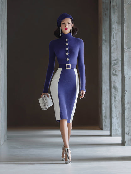 Robe Midi Bleu en Mohair avec Col Roulé - Élégance et Confort