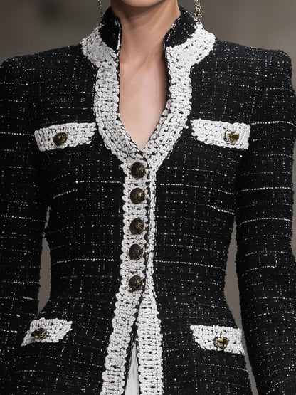 Veste Tendance en Tweed Noir avec Détails en Patchwork