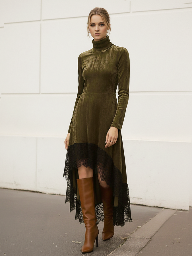 Robe Vintage en Velours Élégante avec Col Montant et Manches Longues, Finition en Dentelle