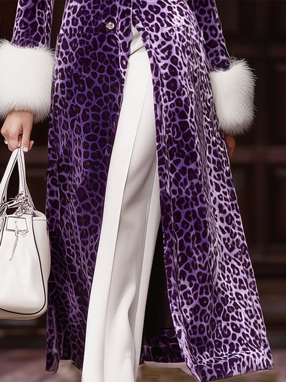 Long Velvet Leopard Coat in Purple with Faux Rabbit Fur