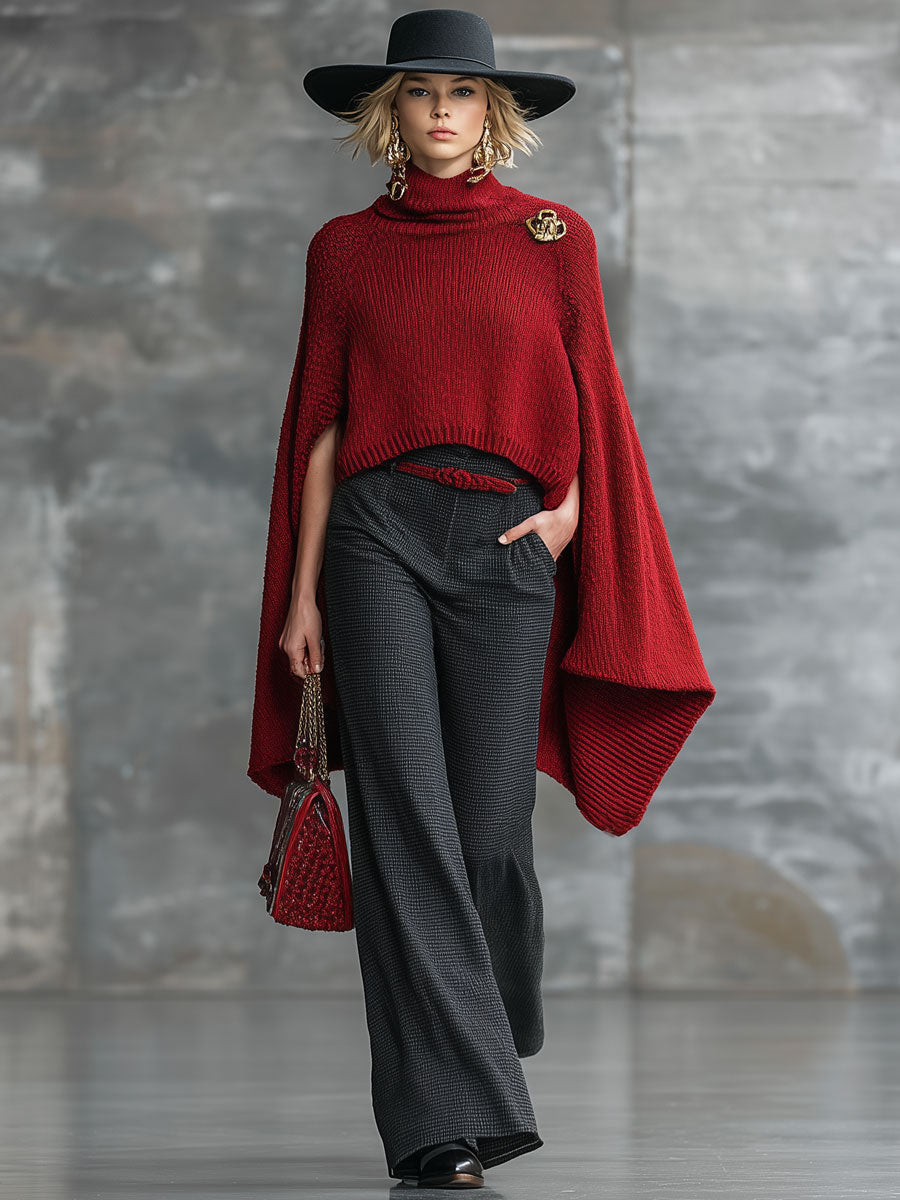Pull Retro Rouge en Tricot avec Cape
