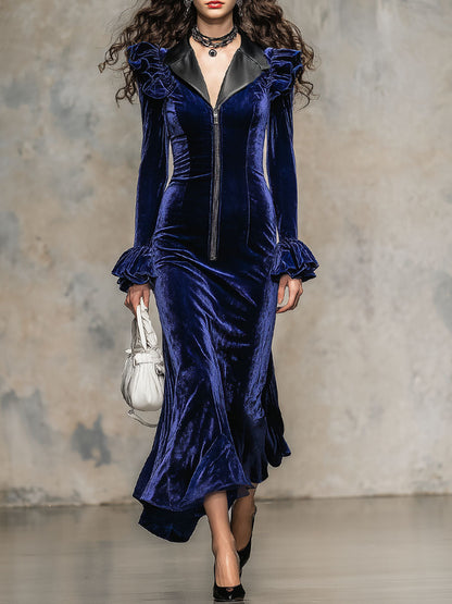 Robe Maxi en Velours avec Détails en Faux Cuir et Fente Élégante