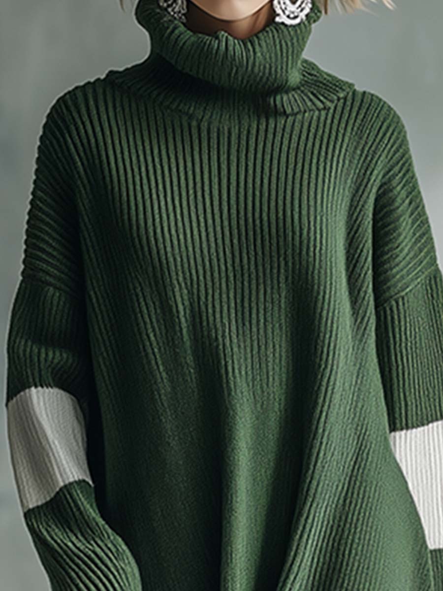 Élégante Robe Maxi Tricotée Verte à Col Montant avec Détails Contrastés