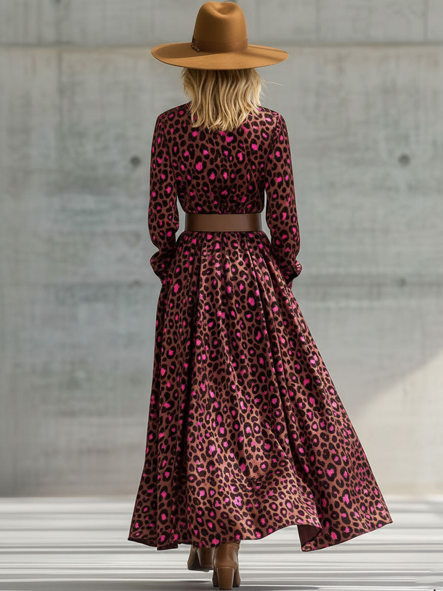 Robe Maxi en Velours Léopard Marron au Style Rétro