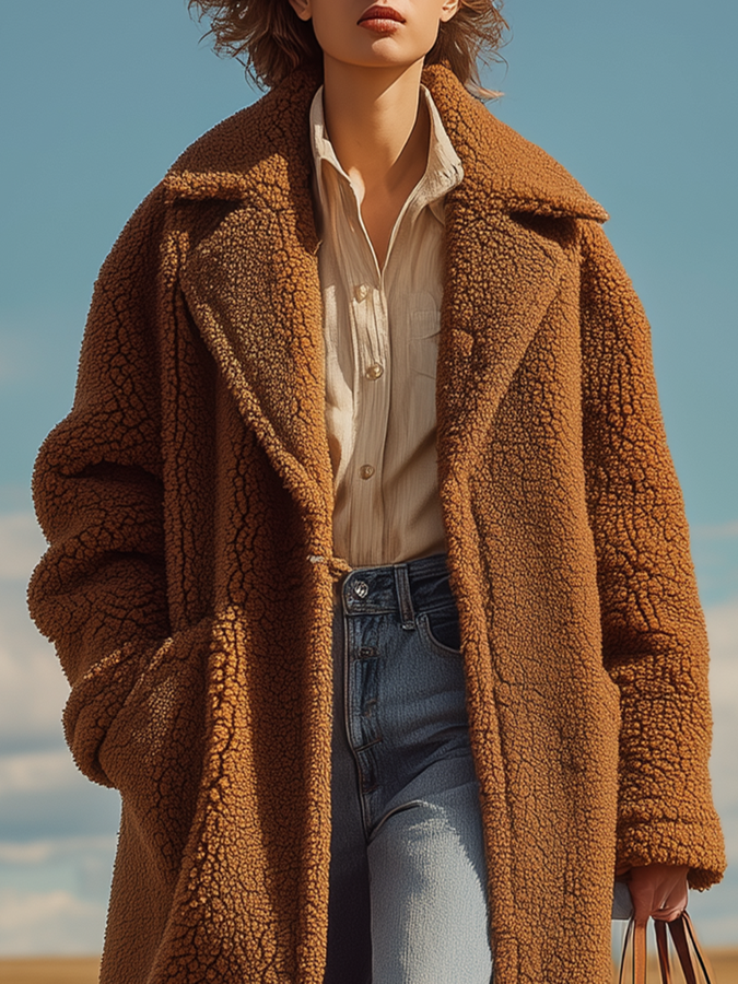 Veste Longue en Sherpa avec Col Oversized - Style Rétro Classique en Couleur Unie
