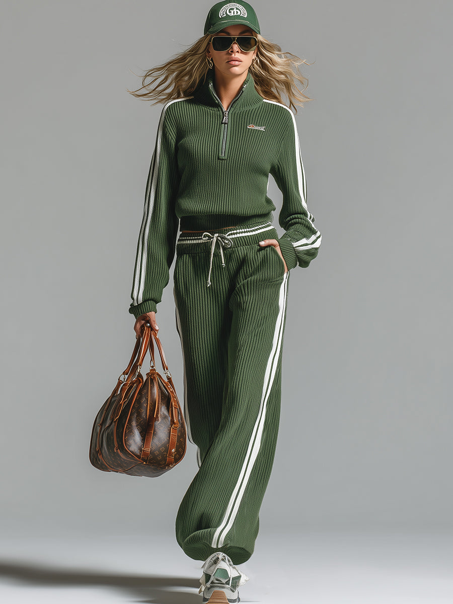 Ensemble Sportif en Maille Verte avec Demi-Zip et Pantalon Relax