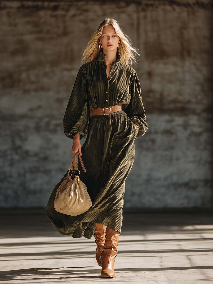 Robe Maxi Décontractée en Velours Texturé Vert Armée au Style Rétro