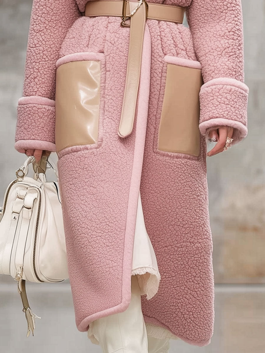 Veste mi-longue en polaire rose vintage avec col en simili cuir