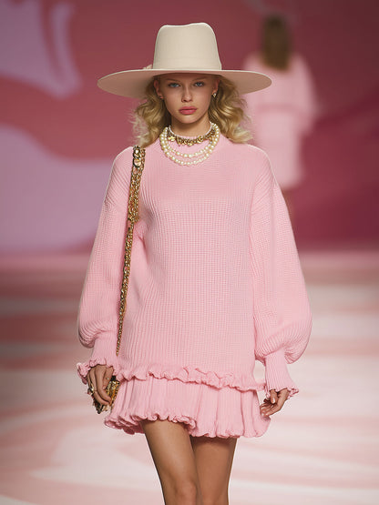 Robe Mini Tricotée Rose : Élégance Romantique avec Ourlet Flottant