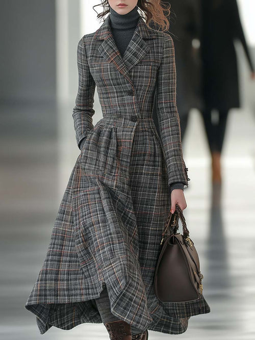 Chic Manteau en Laine à Carreaux Grisés au Style Rétro avec Revers
