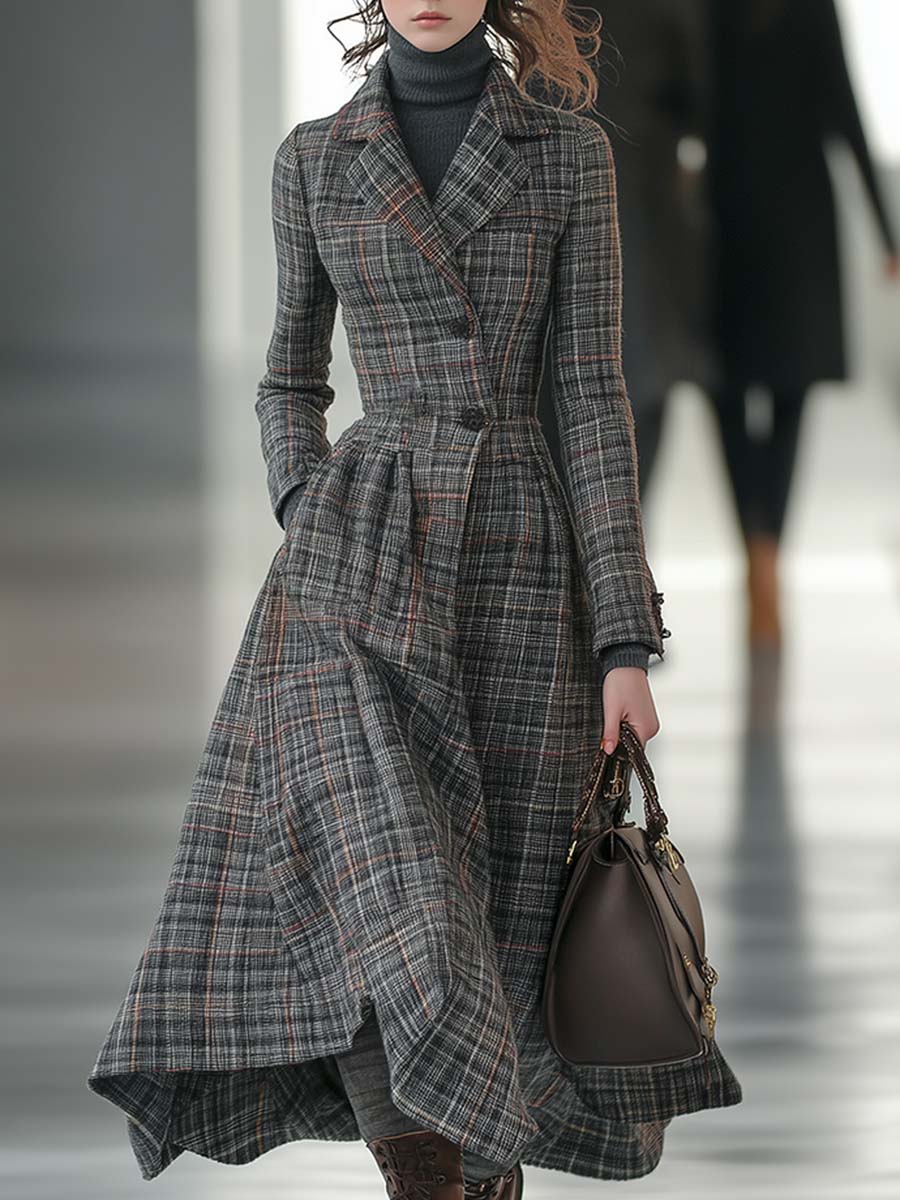 Élégant Manteau Rétro en Laine Grise à Carreaux avec Revers