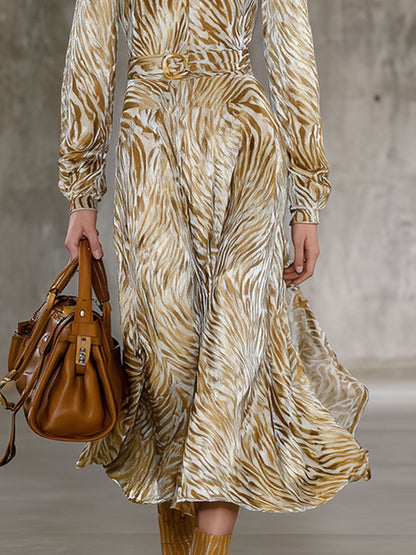 Robe Midi en Velours Champagne Doré à Motif Zèbre Rétro avec Manches Longues