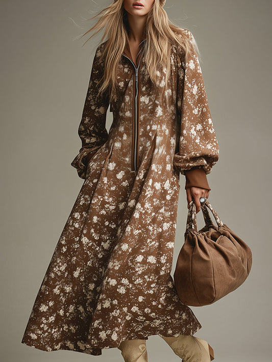 Chic Brown Printed Zip-Up Maxi Sweatshirt Dress