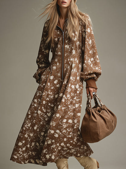 Robe Maxi Décontractée en Brun Imprimé avec Zip Demi-Ouvert - Style Rétro