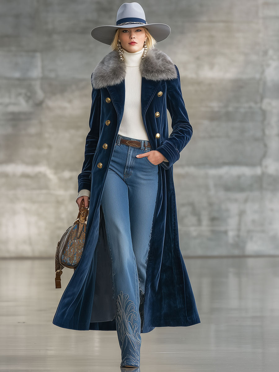 Long Blue Velvet Coat with Retro Fur Collar