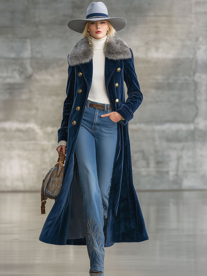 Long Blue Velvet Coat with Retro Fur Collar