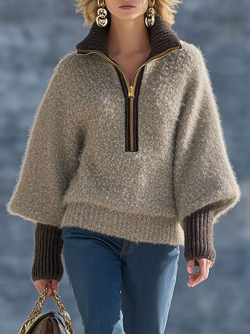 Vintage Kaki Mohair Zip-Up Sweater