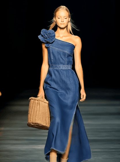 Robe Maxi en Jean 3D Florale Élégante Sans Épaules - Livraison en 24 Heures