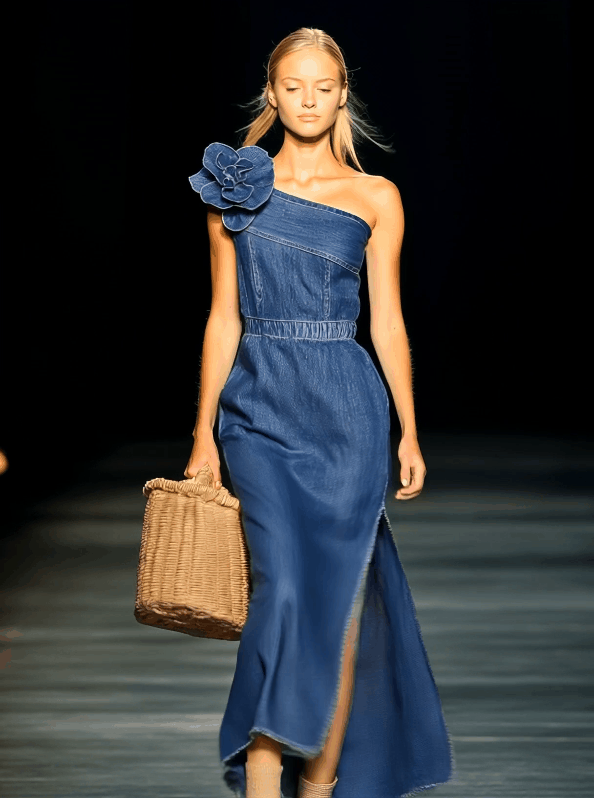 Robe Maxi en Jean Élégante sans Épaules avec Fleurs 3D - Expédition Rapide en 24 Heures!