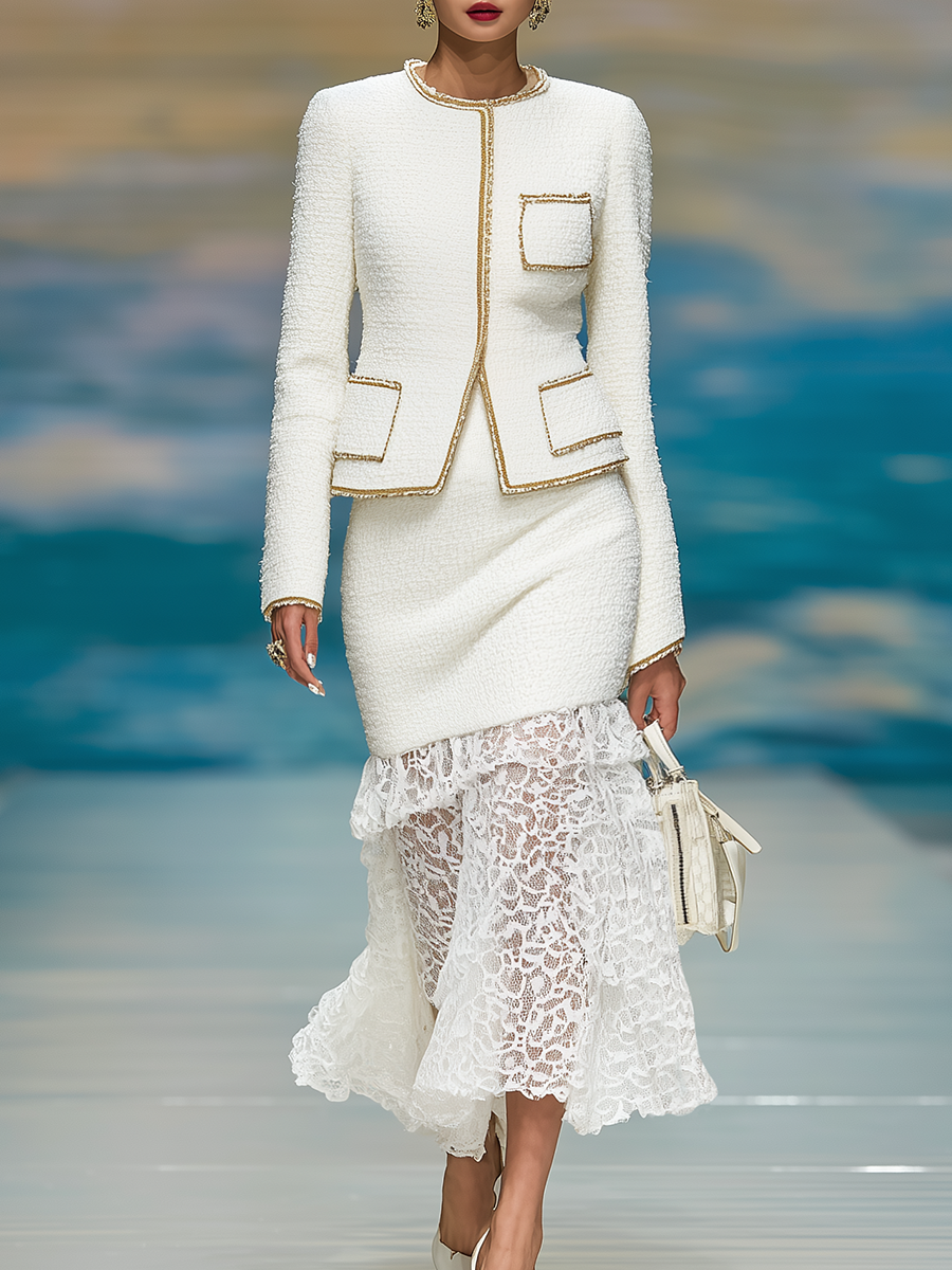 Ensemble Élégant en Tweed : Veste à Col Rond et Jupe à Bord Contrastant