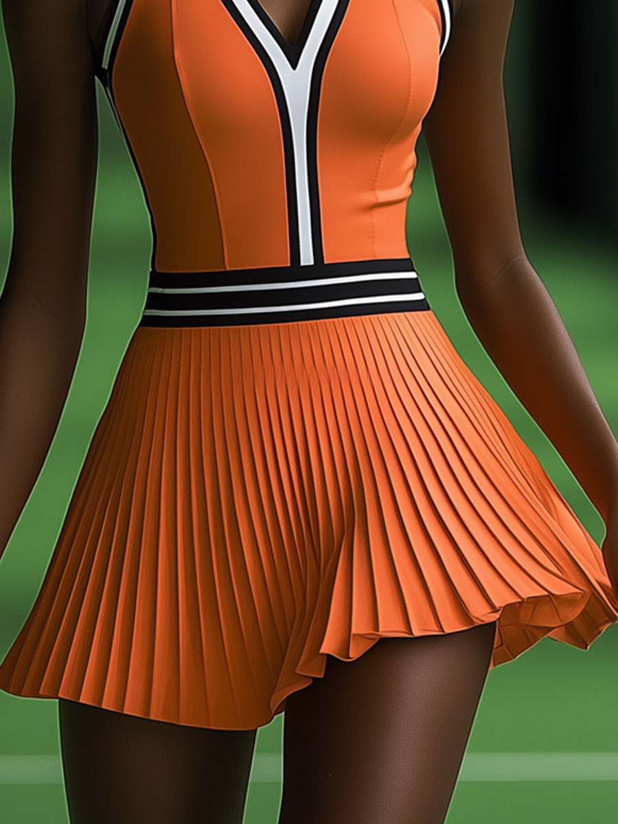 Robe Mini Plissée Sans Manches Orange à Bord Noir et Blanc - Expédition Rapide en 24 Heures !