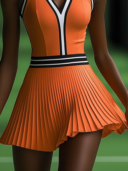 Robe Mini Plissée Sans Manches Orange à Rayures Noires et Blanches - Expédition Rapide en 24 Heures!