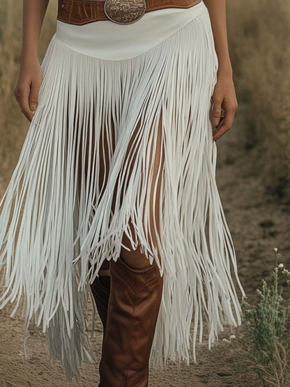 Jupe à franges en suède blanc avec ceinture marron – Livraison rapide sous 24 heures, style western rétro