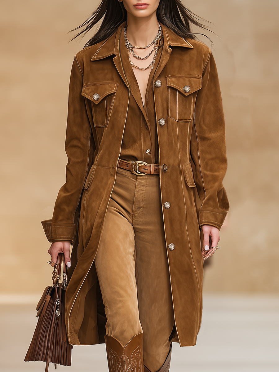 Veste Mi-Longue en Faux Suède avec Poches Multiples au Style Rétro