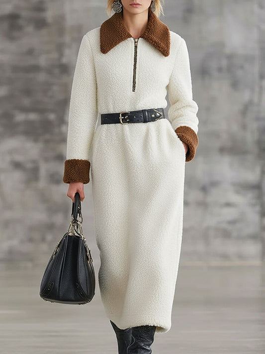 Robe Midi en Polaire Blanche à Lacets - Style Western Rétro avec Demi-Zip