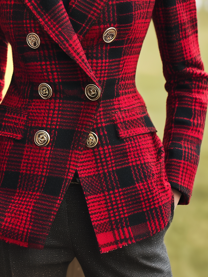 Élégant Blazer Western à Carreaux avec Double Boutonnage Rétro