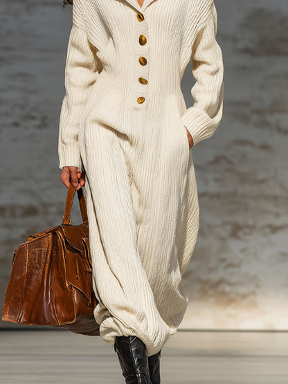 Combinaison Tricotée Élégante avec Col Revers et Boutons Décontractés