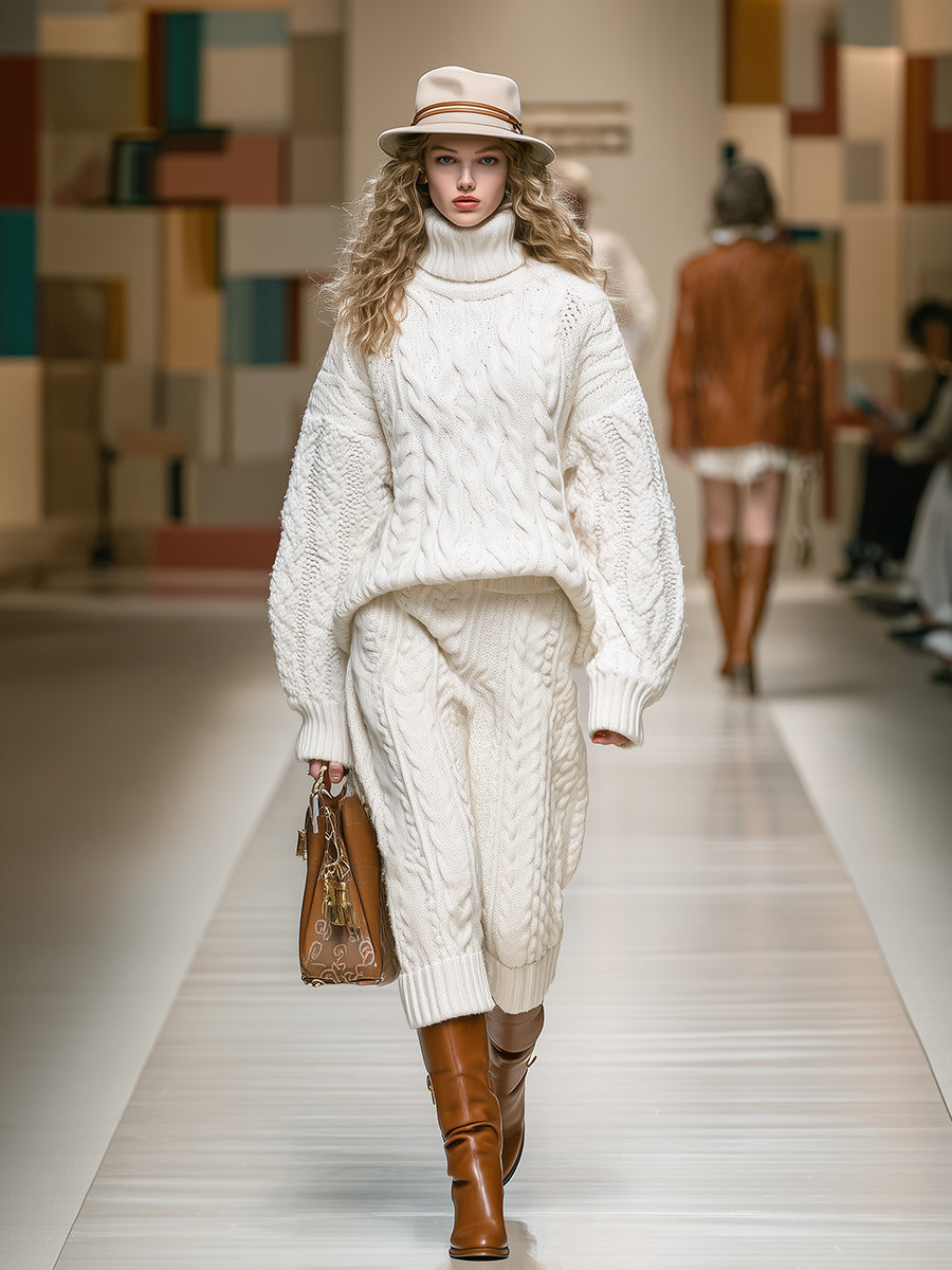 Ensemble Élégant : Pull en Maille Texturée Blanche et Pantalons Cropped Chic