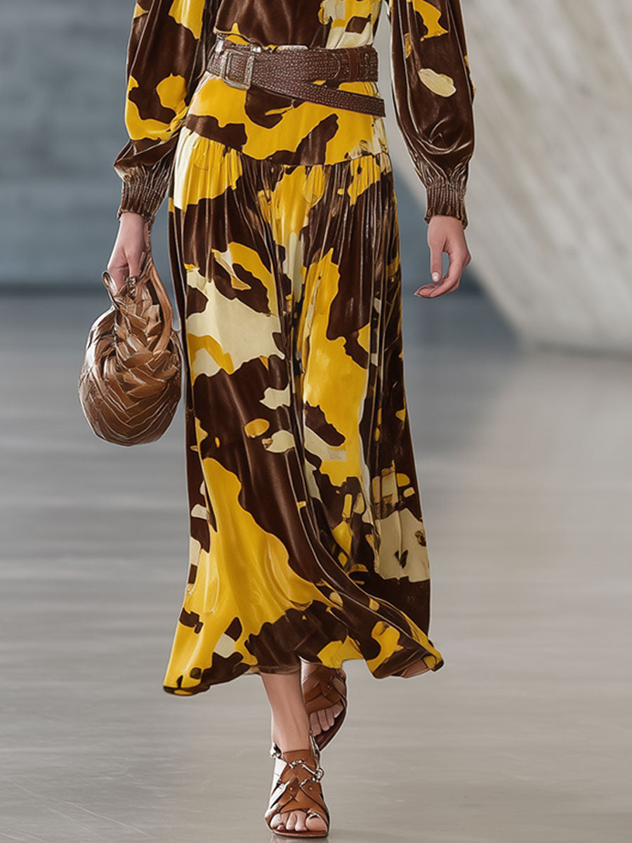 Robe Midi Rétro en Velours Marron à Manches Longues avec Motif Vache
