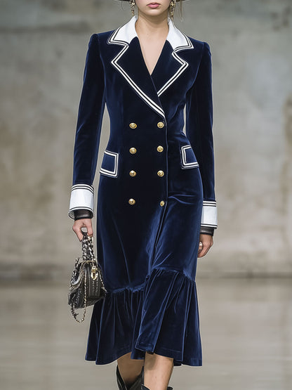 Robe Midi en Velours Marine à Volants avec Détails Blancs - Élégance Rétro Décontractée