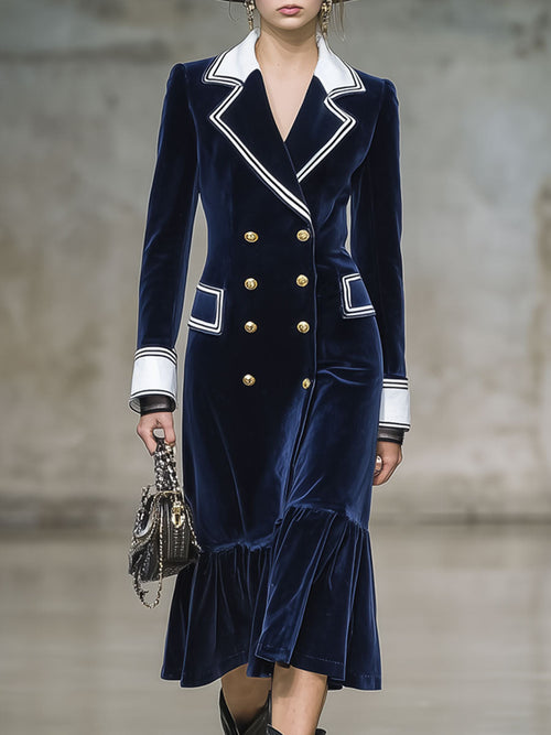 Robe Midi en Velours Marine à Volants avec Détails Blancs - Élégance Rétro Décontractée