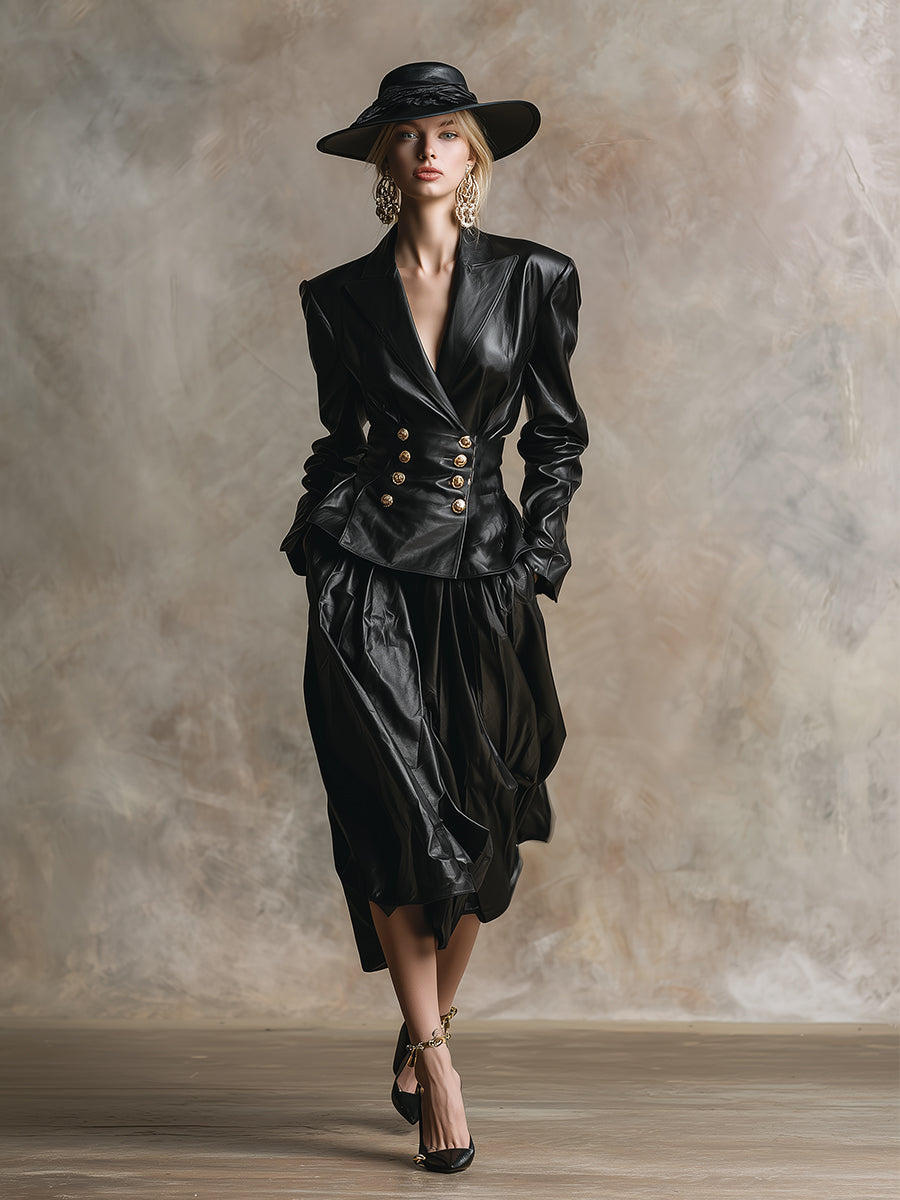 Ensemble Chic en Simili Cuir Noir : Jupe à Épaules Larges au Style Rétro