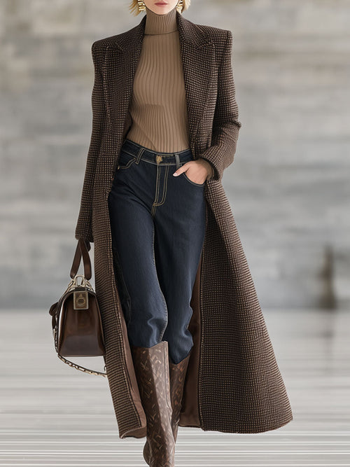 Long Houndstooth Brown Wool Coat - Retro Chic