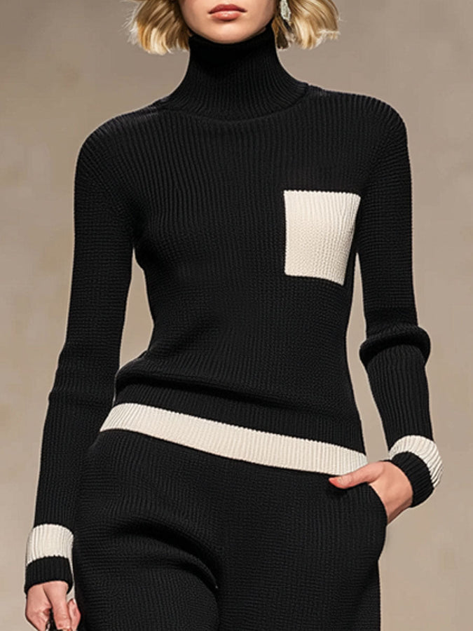 Ensemble Tricoté Élégant : Pull Col Roulé Contrasté et Pantalons Amples