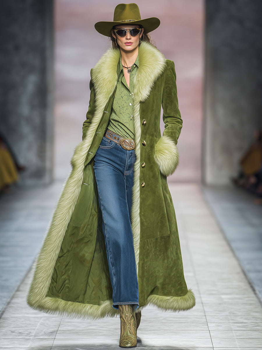 Veste Longue en Velours Synthétique Vert avec Col en Fausse Fourrure au Style Vintage