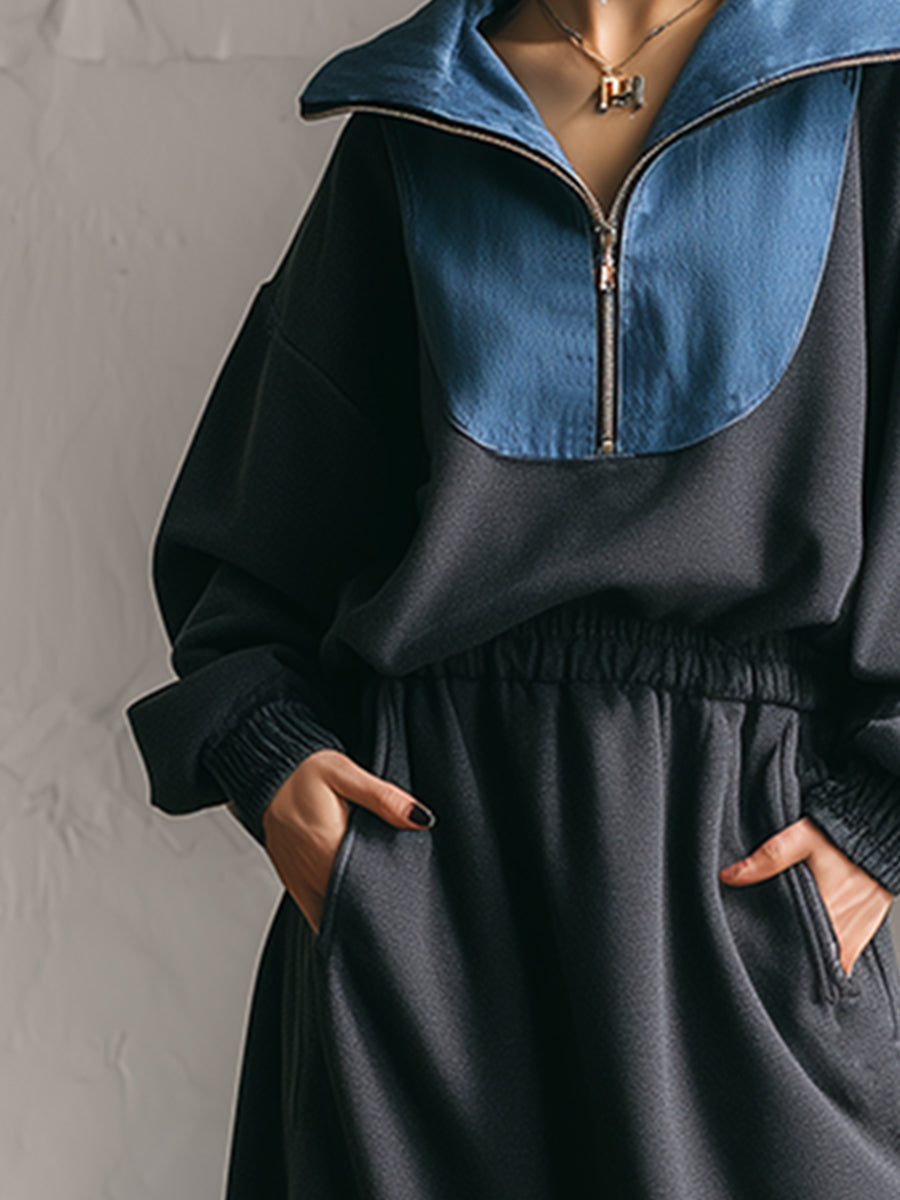 Robe Maxi en Sweat à Demi-Zip avec Col en Jean - Gris Foncé