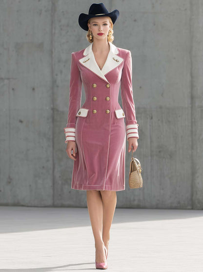 Robe Midi Vintage en Velours Rose Pâle avec Revers Contrastés et Double Boutonnage